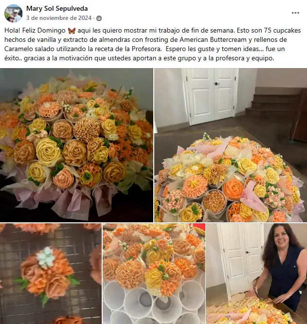 Una alumna muestra 75 cupcakes con flores de buttercream