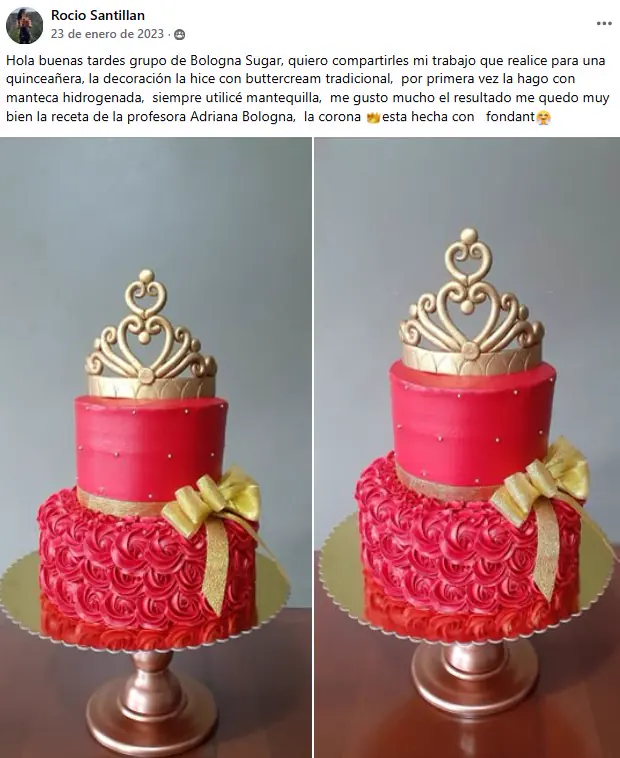 Pastel de quince años en buttercream con corona, hecho por una alumna