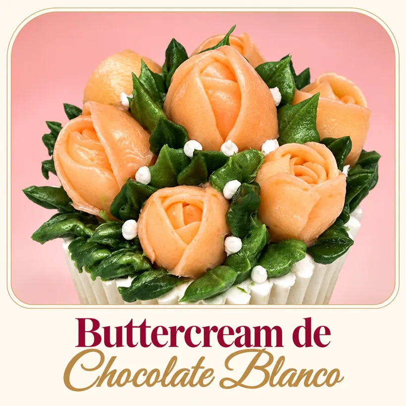 Cupcake con capullos de rosa durazno de buttercream de chocolate blanco