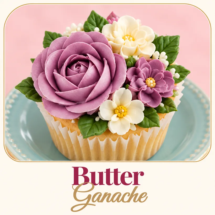 Cupcake con rosa lila y flores blancas de butter ganache