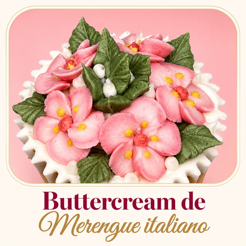 Cupcake con flores rosas de buttercream de merengue italiano